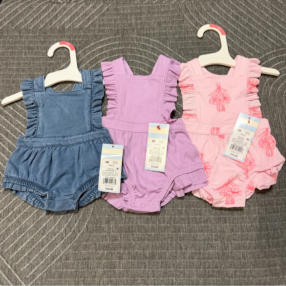 3pc Bundle NB baby girl Cat & Jack Blue, Purple, and Pink ruffled rompers NWT